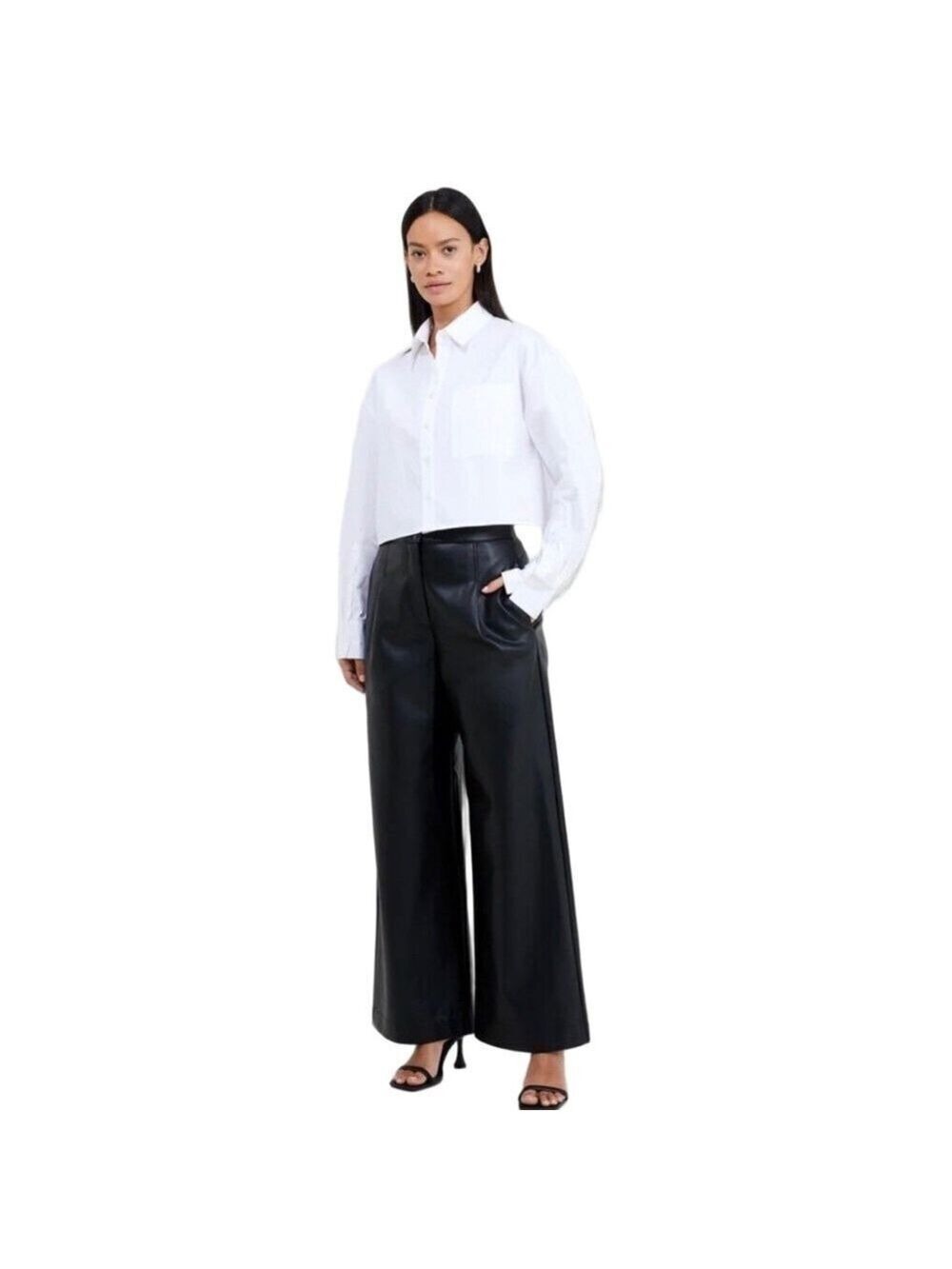 French Connection Wide Leg Trousers Faux Leather Black "Crolenda" Style Size 12